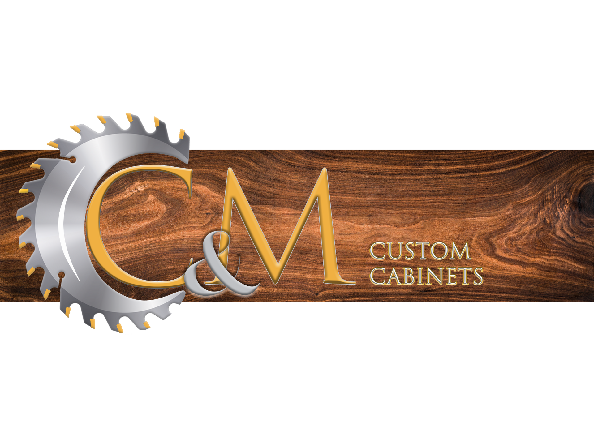 Logo for CM Custom Cabinets: Saw blade, gold lettering, and woodgrain background.