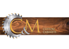 Logo for CM Custom Cabinets: Saw blade, gold lettering, and woodgrain background.