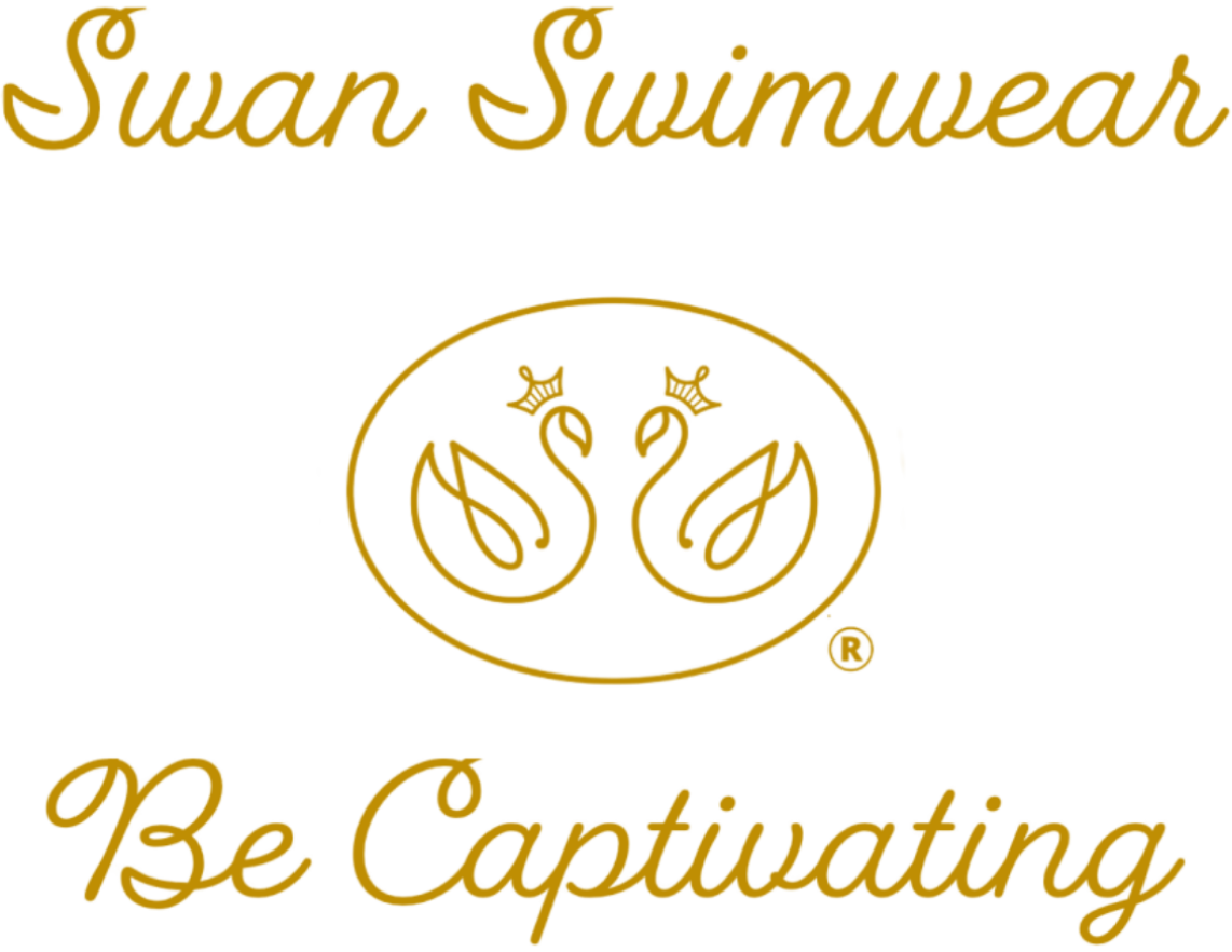 A logo for swan swimwear with the tagline, 