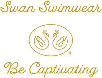 A logo for swan swimwear with the tagline, 