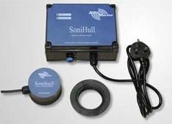 SoniHull antifouling system with a blue control box, transducer, mounting ring, and power cord.