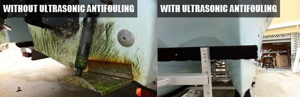Comparison of a boat hull with and without ultrasonic antifouling; left shows algae growth, right is clean.