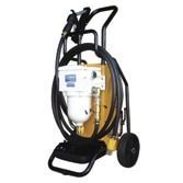 Yellow fuel transfer cart with hose, nozzle, and filter.