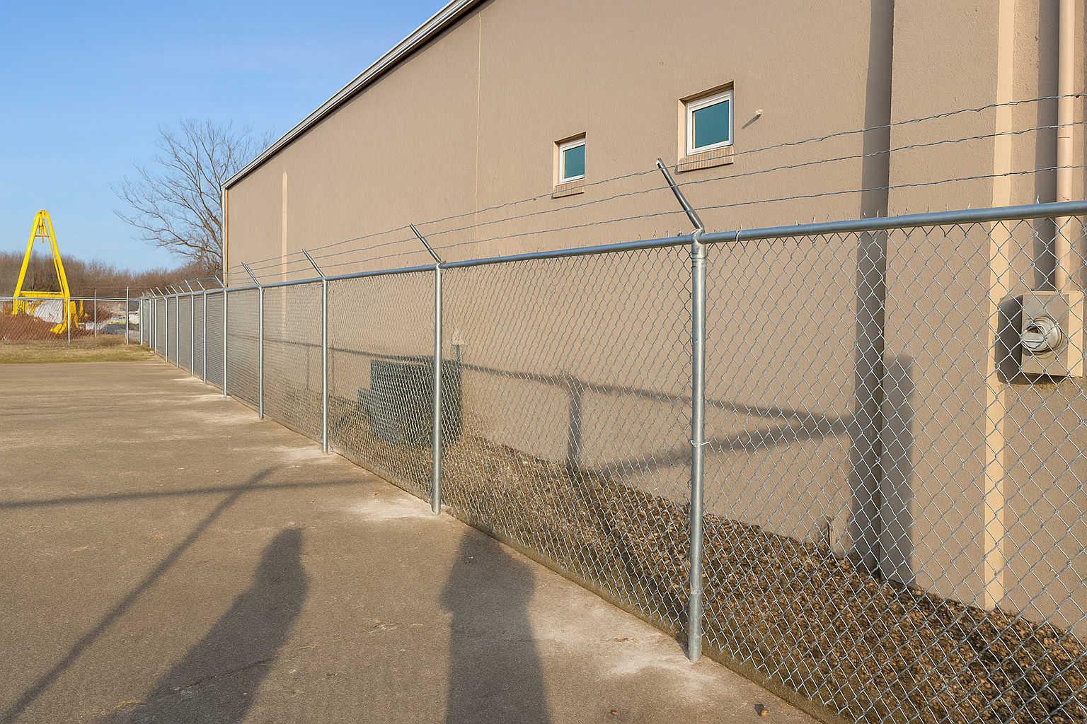 Chain-link fence along a sidewalk in a residential neighborhood, houses in background.
