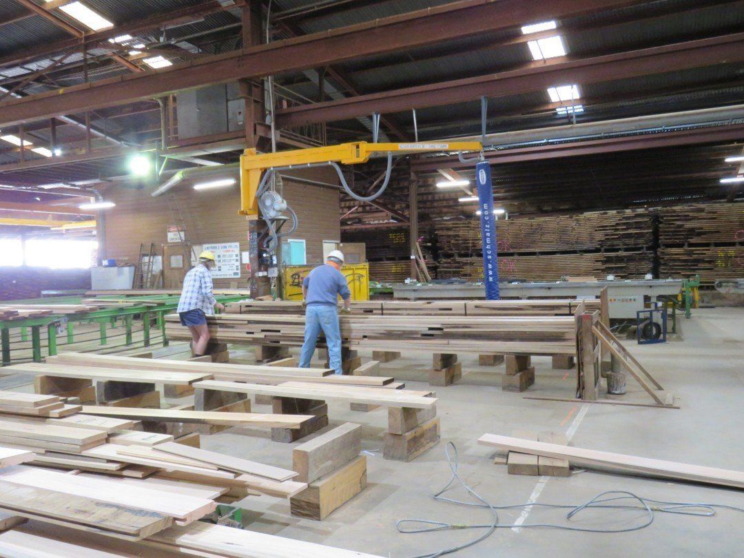 Two Men Are Working in a Large Warehouse With Lots of Wood — Marshall Notaras Hardwoods Pty Ltd In Armidale, NSW