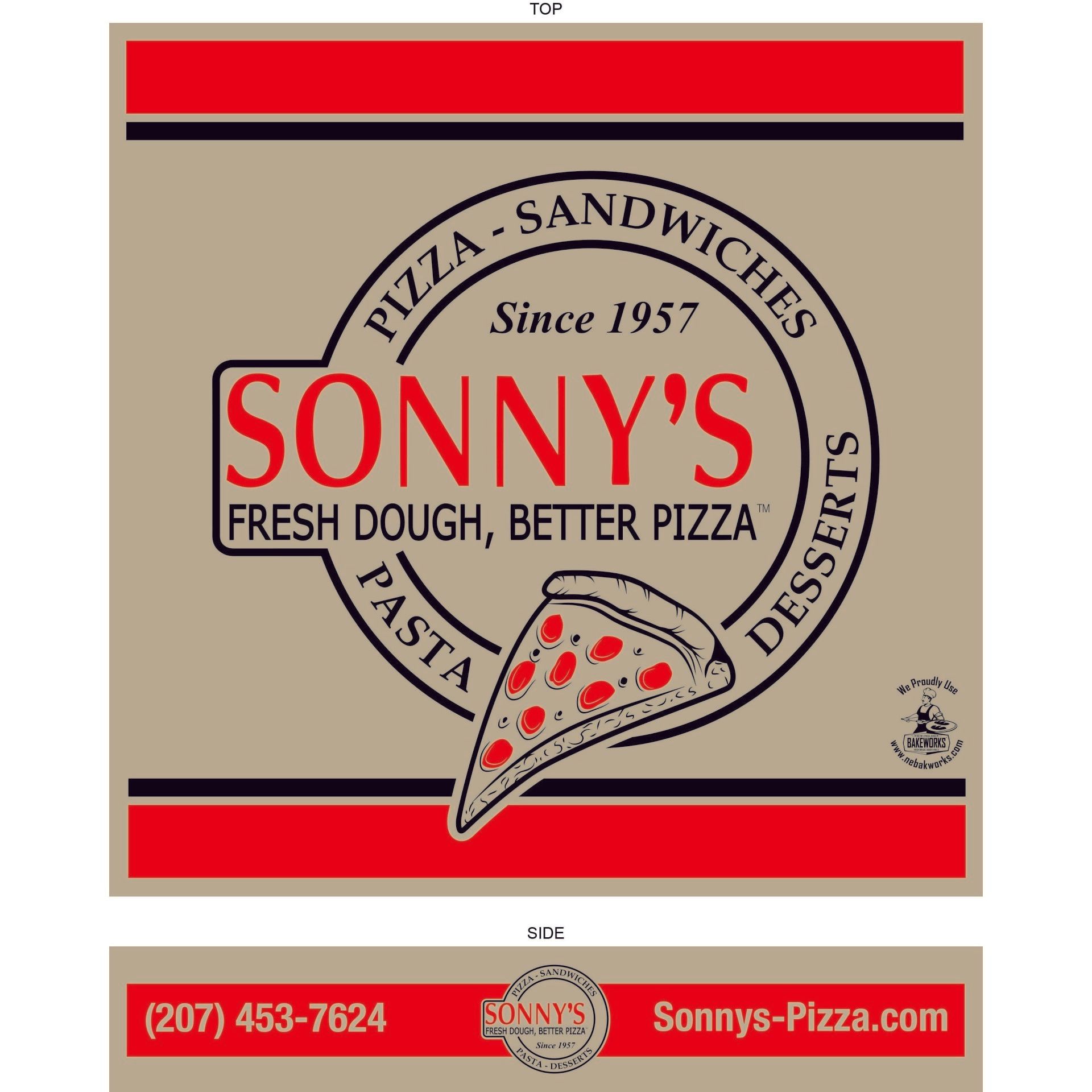 Image for custom pizza box design for Sonny's Pizza, Fairfield, Maine.