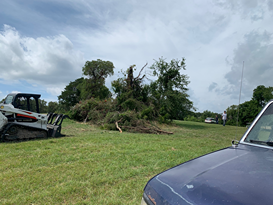 A bulldozer is cutting down trees in a field next to a car.