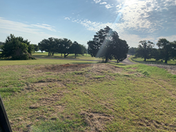 A large grassy field with trees and a road in the background.