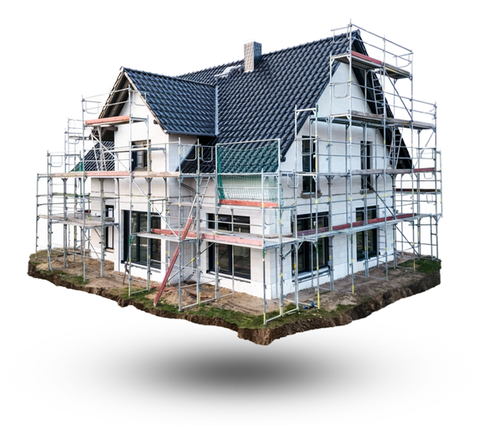 A house is being built with scaffolding around it.