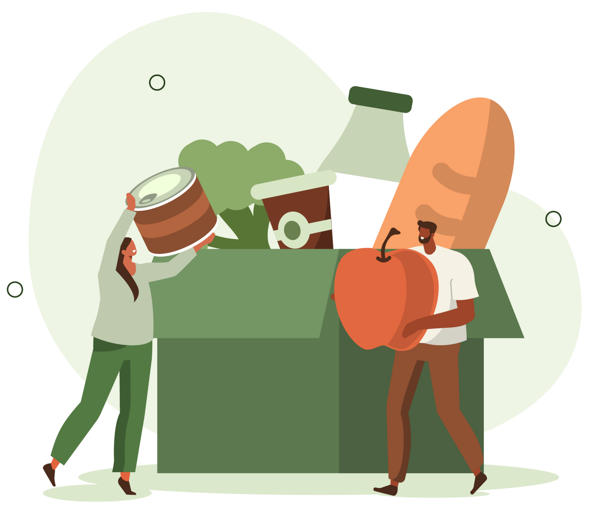A man and a woman are putting food into a box.
