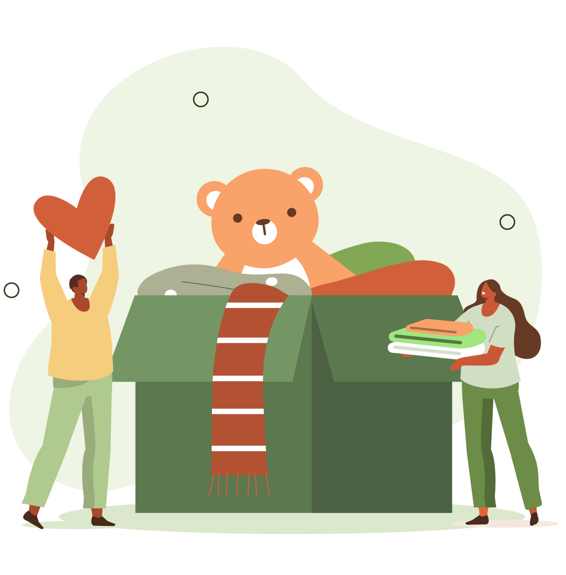 A group of people are standing around a box with a teddy bear in it.