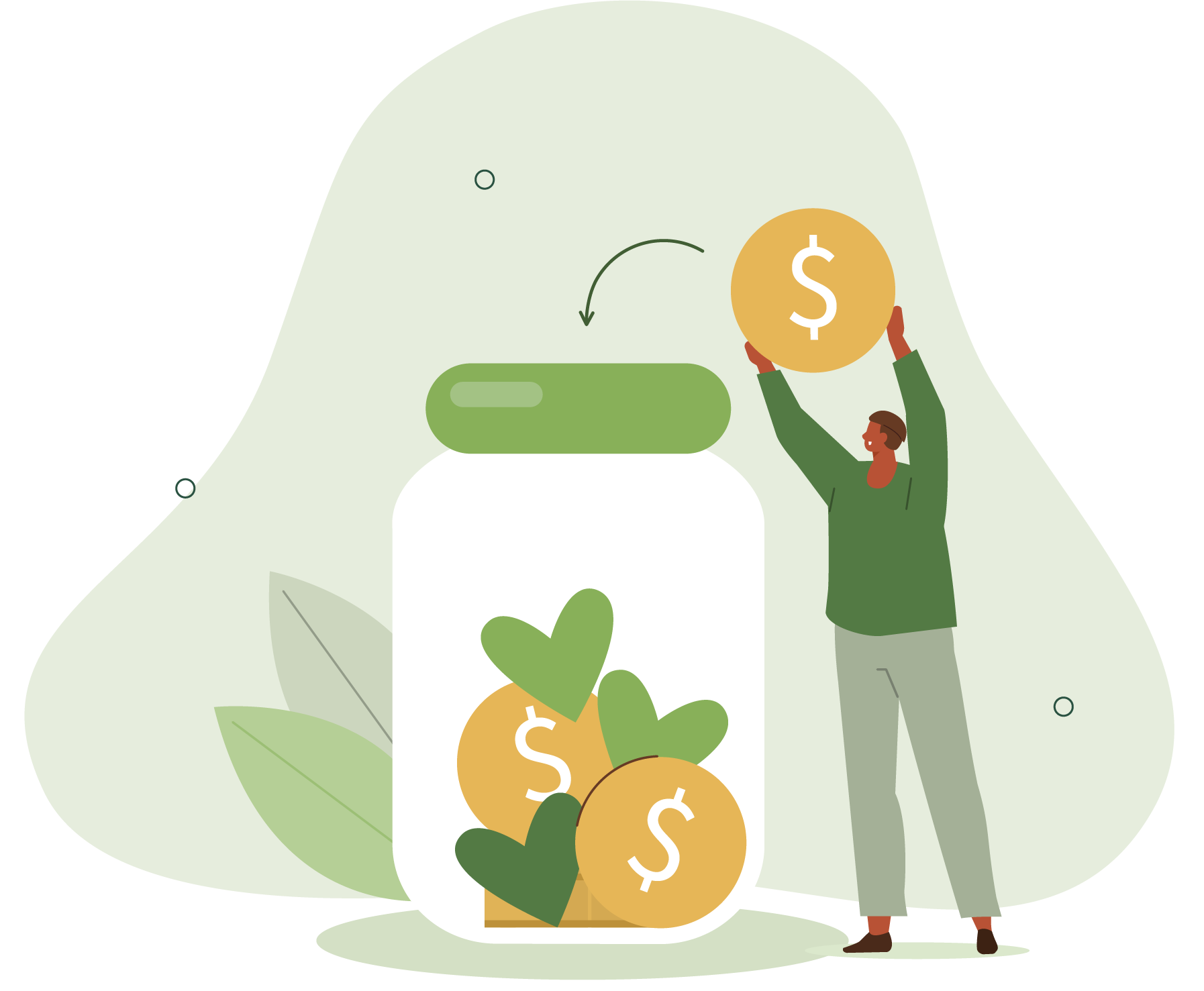 A man is putting a coin into a jar of money.