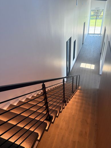 A staircase with a dark metal railing and wood-toned steps leads down to a bright hallway with a glass door at the end.