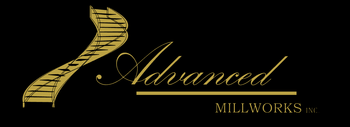 Gold-colored text "Advanced MILLWORKS" next to a stylized gold spiral staircase graphic on a black background.