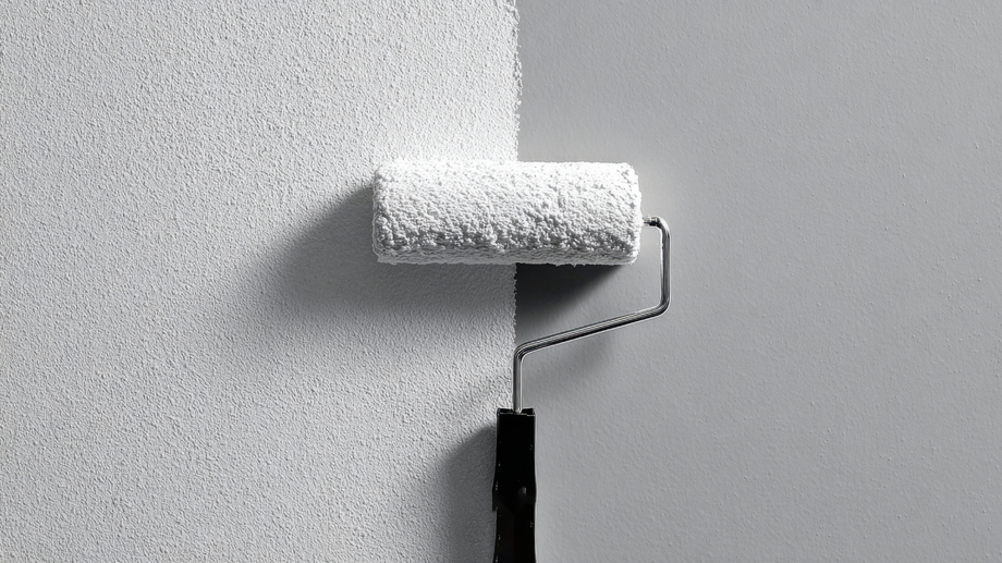 A paint roller applies white textured paint to a gray wall.