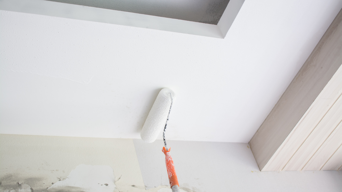 Person painting a white ceiling with a paint roller.