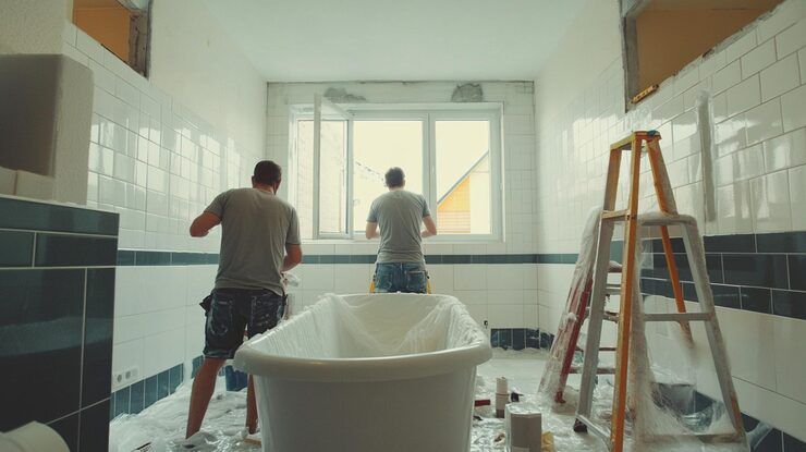 Two people cleaning a bathroom window, bathtub in the foreground, ladder on the right.