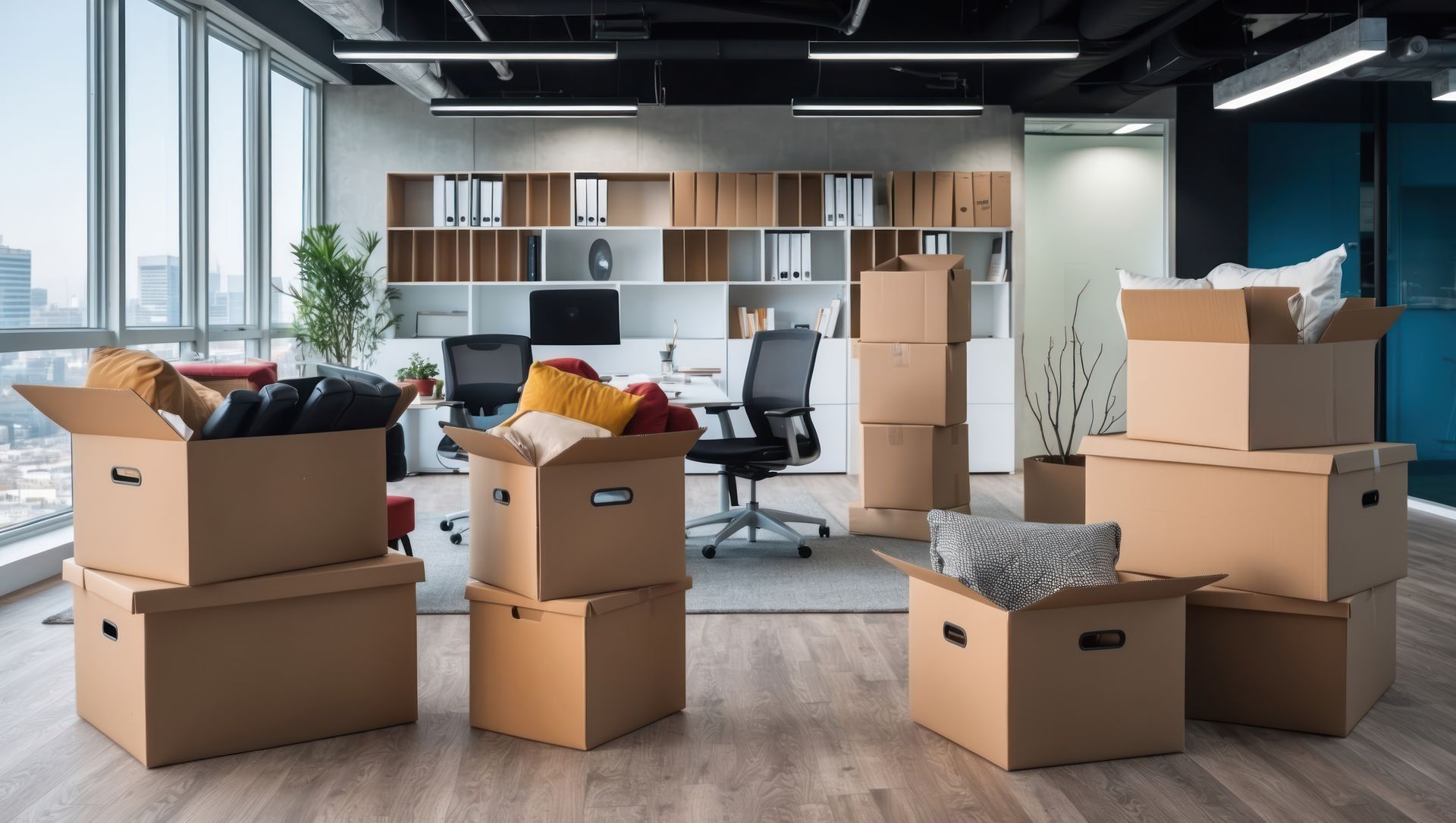 Modern office with packed boxes and scattered cushions ready for moving.