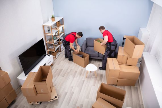 two men are moving boxes in a living room .