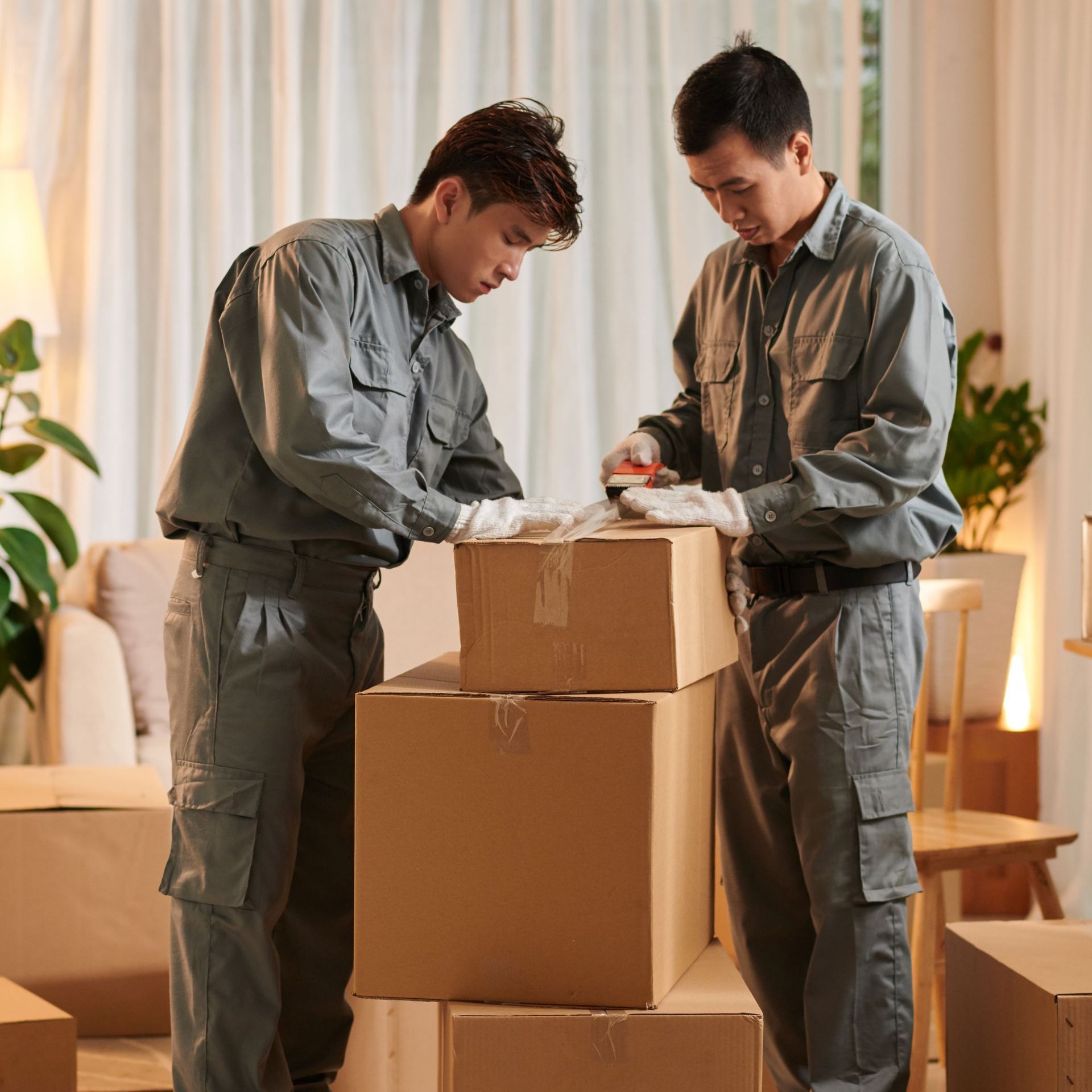 two men are standing next to a pile of cardboard boxes .