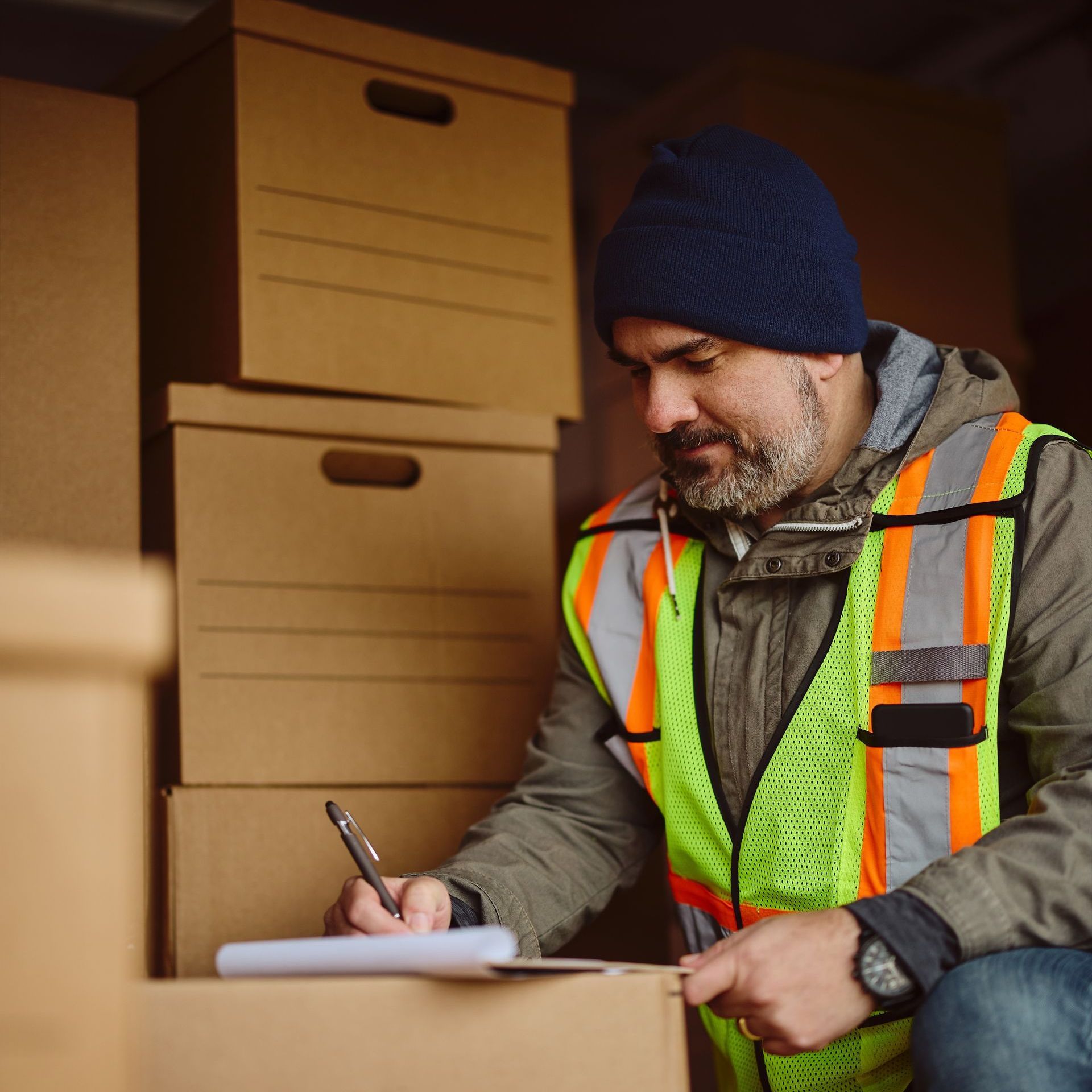 a man in a safety vest is writing on a piece of paper