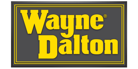 The logo for wayne dalton is yellow on a black background.
