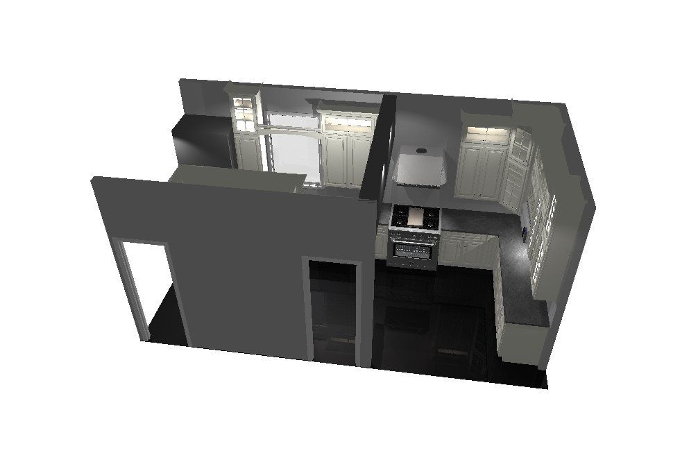 an aerial view of a kitchen with a stove and a refrigerator
