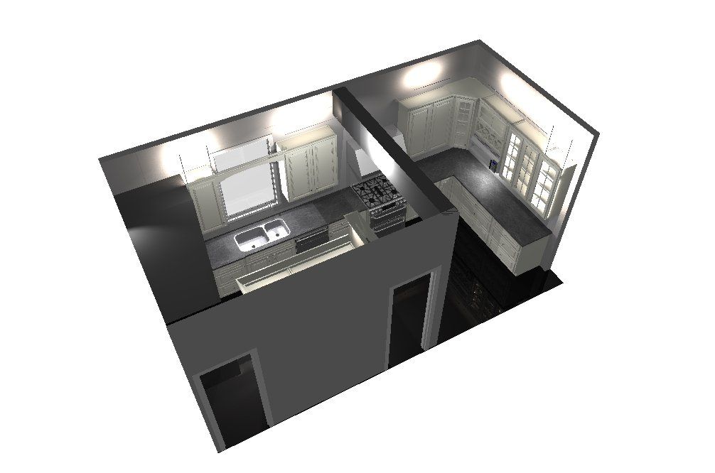 an aerial view of a kitchen with a stove and a sink
