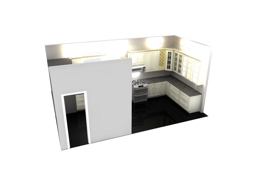 a 3d rendering of a kitchen with white cabinets and black counter tops .