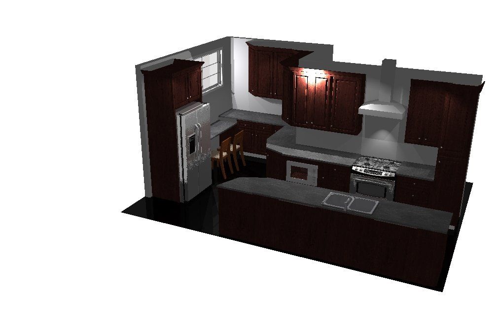 a computer generated image of a kitchen with dark cabinets