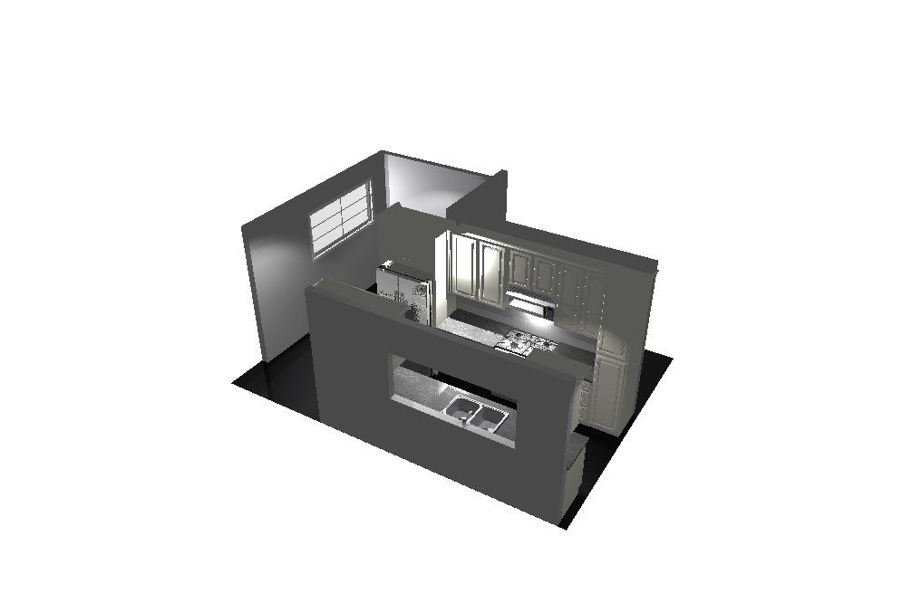 a 3d model of a kitchen with a stove and a sink .