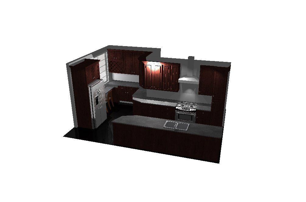 a computer generated image of a kitchen with stainless steel appliances