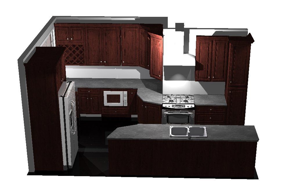 a computer generated image of a kitchen with dark wood cabinets