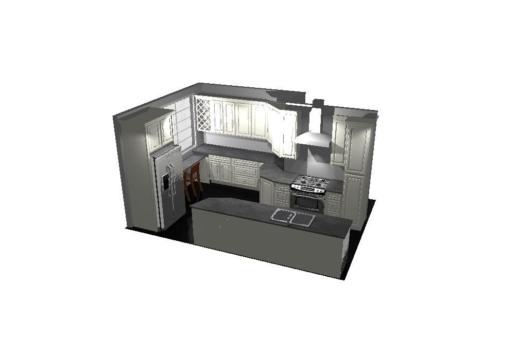 a 3d model of a kitchen with a stove , refrigerator , and island .