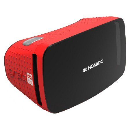 a red and black homido virtual reality headset on a white background