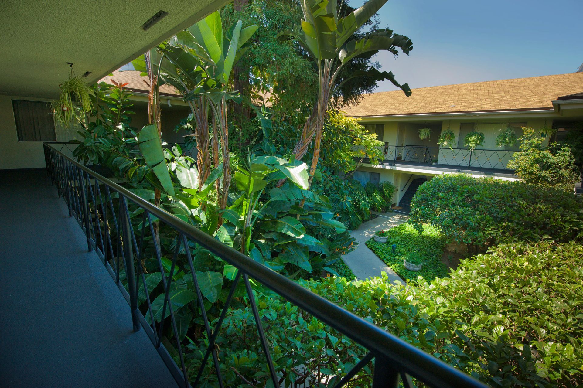 A view from a second-story balcony overlooking a lush, sunlit courtyard with trees and a winding walkway.