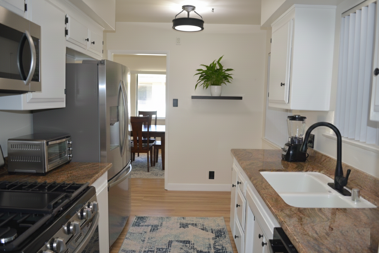 A bright galley-style kitchen with white cabinets, stainless steel appliances, brown countertops, and a dining area beyond.