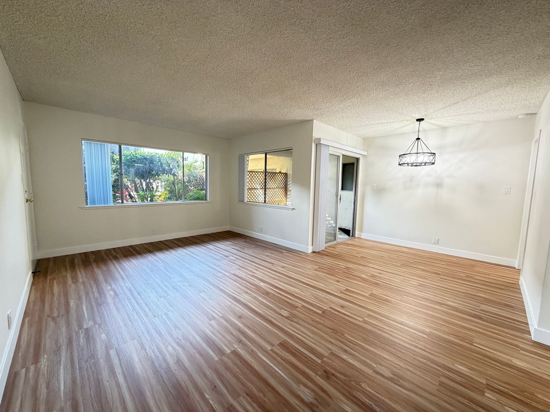 An empty, light-filled living and dining room featuring wood-style flooring, white walls, and a textured ceiling.