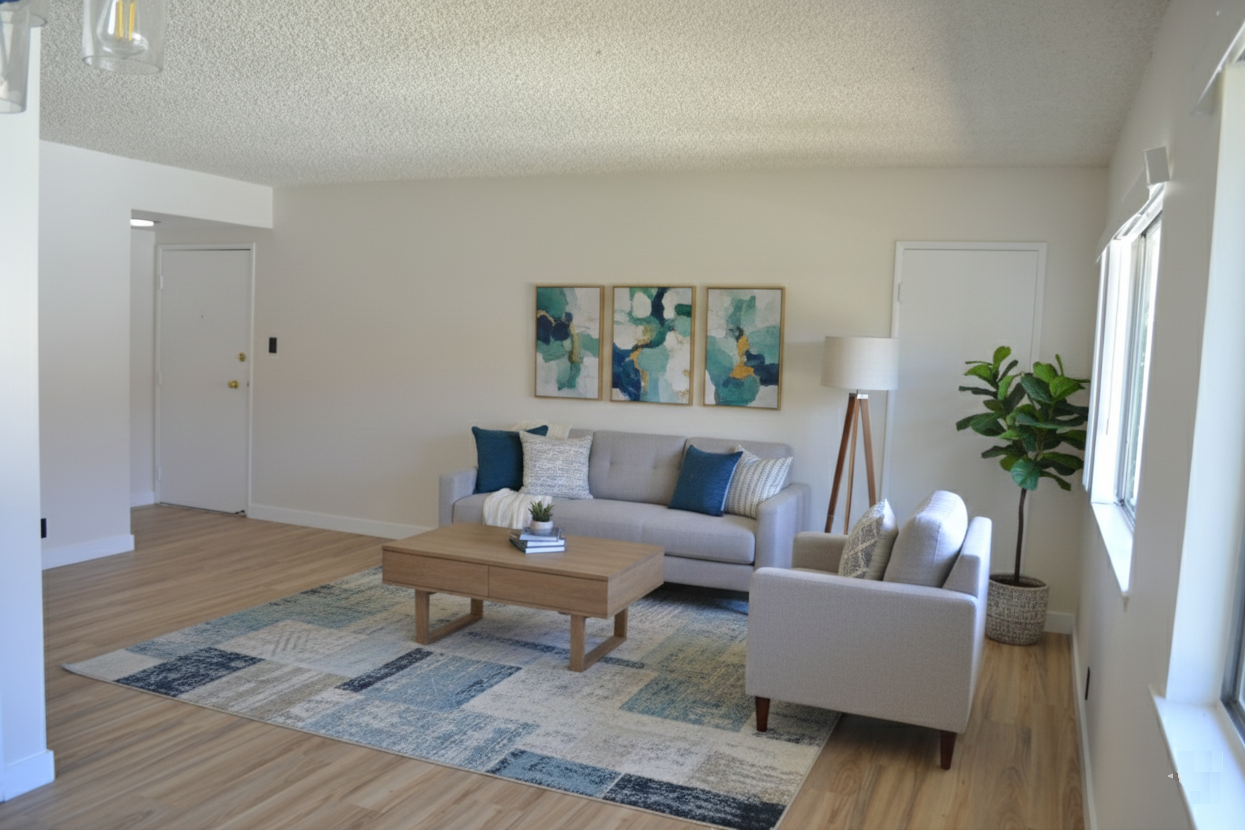 A modern living room with a light gray sofa and armchair, wood coffee table, blue-patterned rug, and a leafy potted plant.