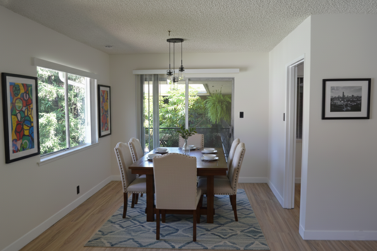 A dining room with a wooden table, six beige chairs on a geometric rug, a light fixture, and framed art on white walls.