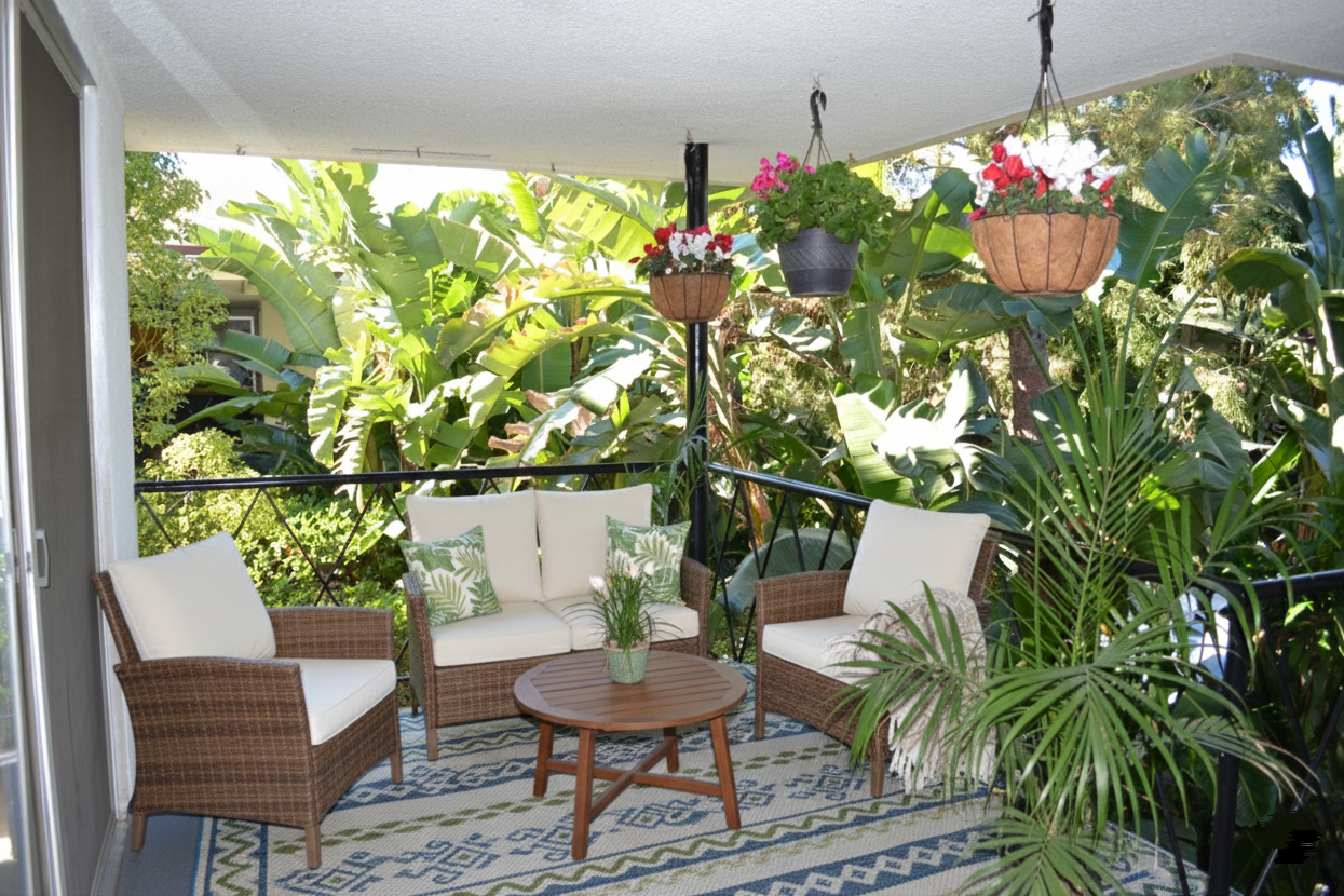 A patio with wicker furniture, a round table, and a patterned rug, surrounded by lush green plants and hanging baskets.