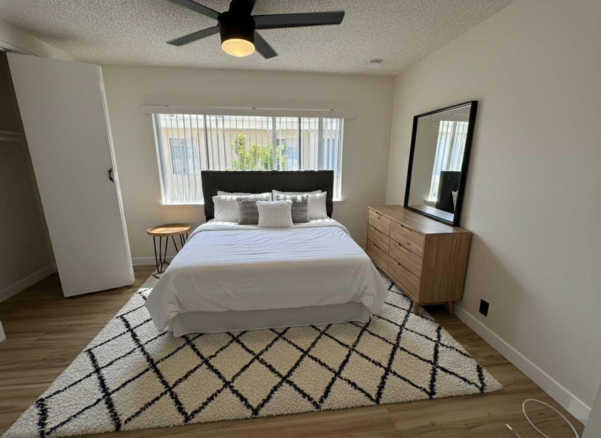 A bedroom featuring a bed with a dark headboard, a light-colored rug with a diamond pattern, and a wooden dresser.