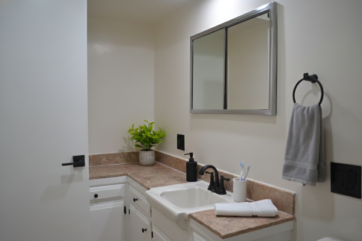 A bathroom vanity with white cabinets, a light-colored countertop, a sink, a wall mirror, and a gray towel on a ring.