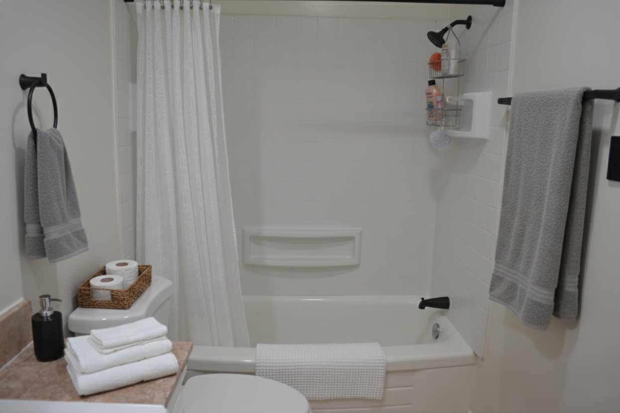 A bathroom featuring a bathtub, white shower curtain, gray towels, and a toilet with stacked white towels on top.