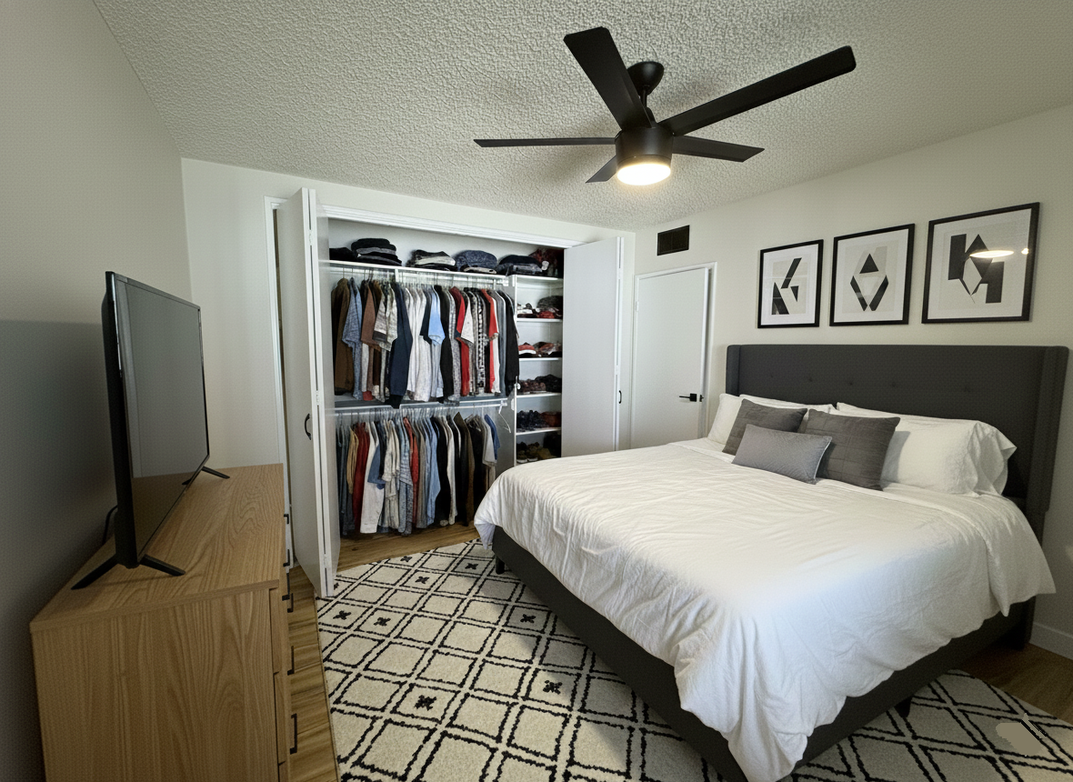 A bedroom features a king-sized bed with white bedding, a large closet, a ceiling fan, and a TV on a wooden dresser.