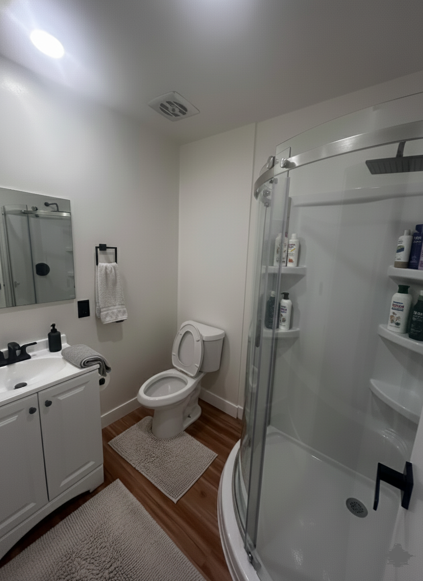 A clean bathroom with white walls, wood floors, a white vanity, a toilet, and a glass-enclosed walk-in shower.