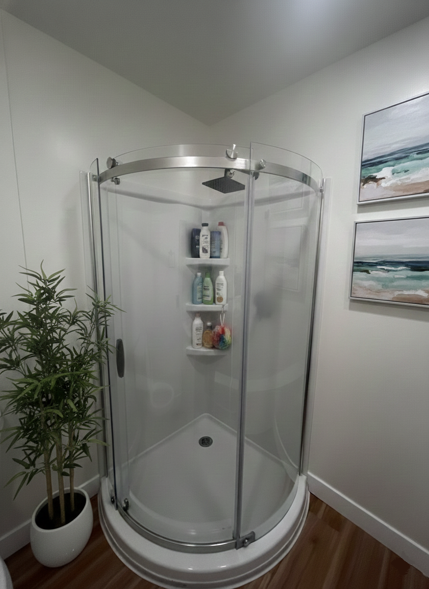 A curved glass corner shower enclosure with white walls, a potted plant to the left, and ocean-themed art on the wall.