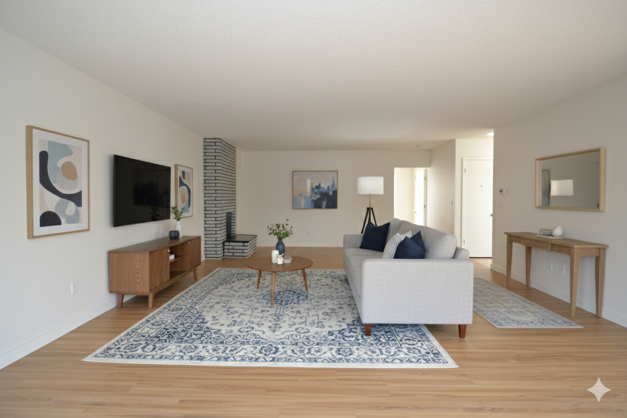 A bright, modern living room with a light gray sofa, blue patterned rug, wooden console, and artwork on neutral walls.
