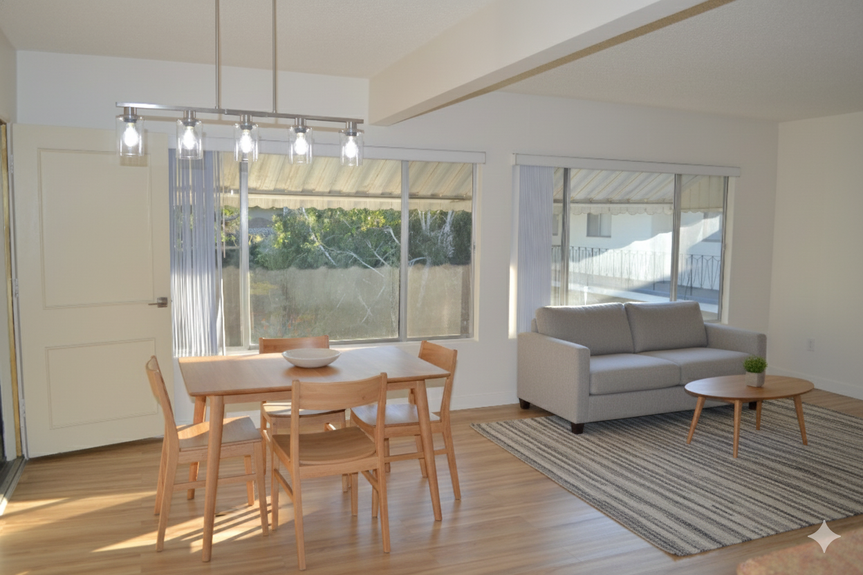A bright, open living and dining space with light wood flooring, a light-colored sofa, and a wood dining table.