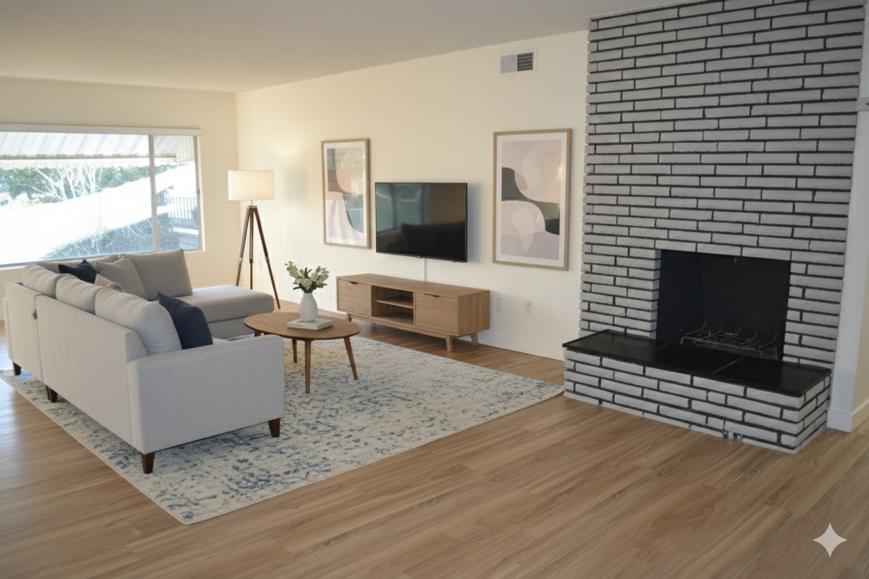 A modern living room with a light gray sectional, patterned rug, wooden media console, and a gray painted brick fireplace.